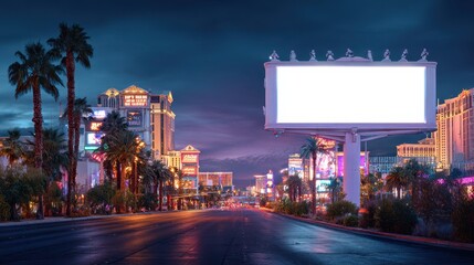 Night cityscape of Las Vegas Strip with glowing neon signs, pure white blank billboard, palm trees lining roadside in illuminated urban entertainment district