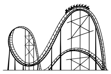 Minimalist black and white line art illustration of a roller coaster with a loop, capturing the thrill and excitement of a classic amusement park ride.