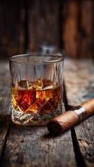 A glassed of fine aged whiskey beside a cigar on a rustic wooden surface.