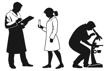 Set of black and white silhouettes depicting medical and scientific research, with figures analyzing samples and using lab equipment