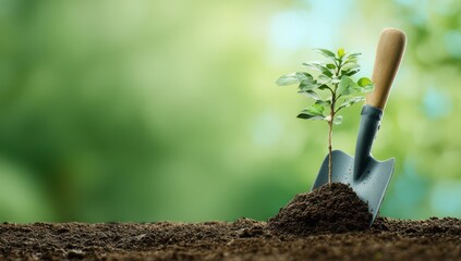Shared Shovel planting a young plant in soil with a green background for an Earth Day concept, with copy space