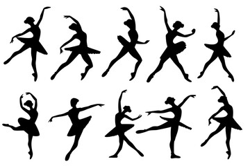 Set of graceful ballerina silhouettes in various classical ballet dance poses. Collection of elegant female dancers in tutus performing beautiful movements.