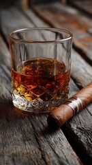 A glassed of fine aged whiskey beside a cigar on a rustic wooden surface.