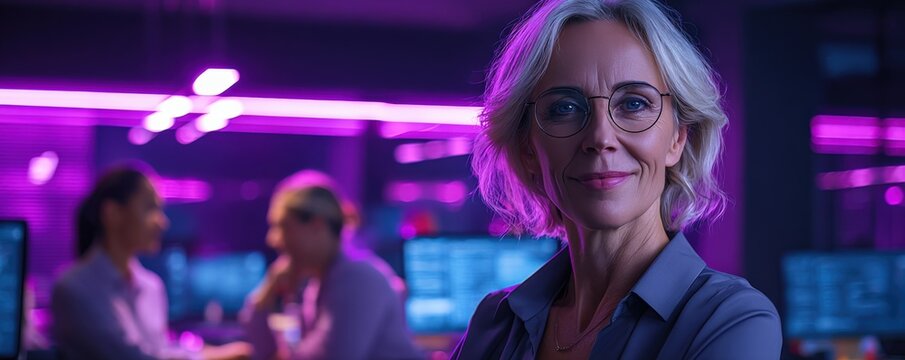 Confident Mature Businesswoman with Modern Tech Office Background, Leadership and Expertise