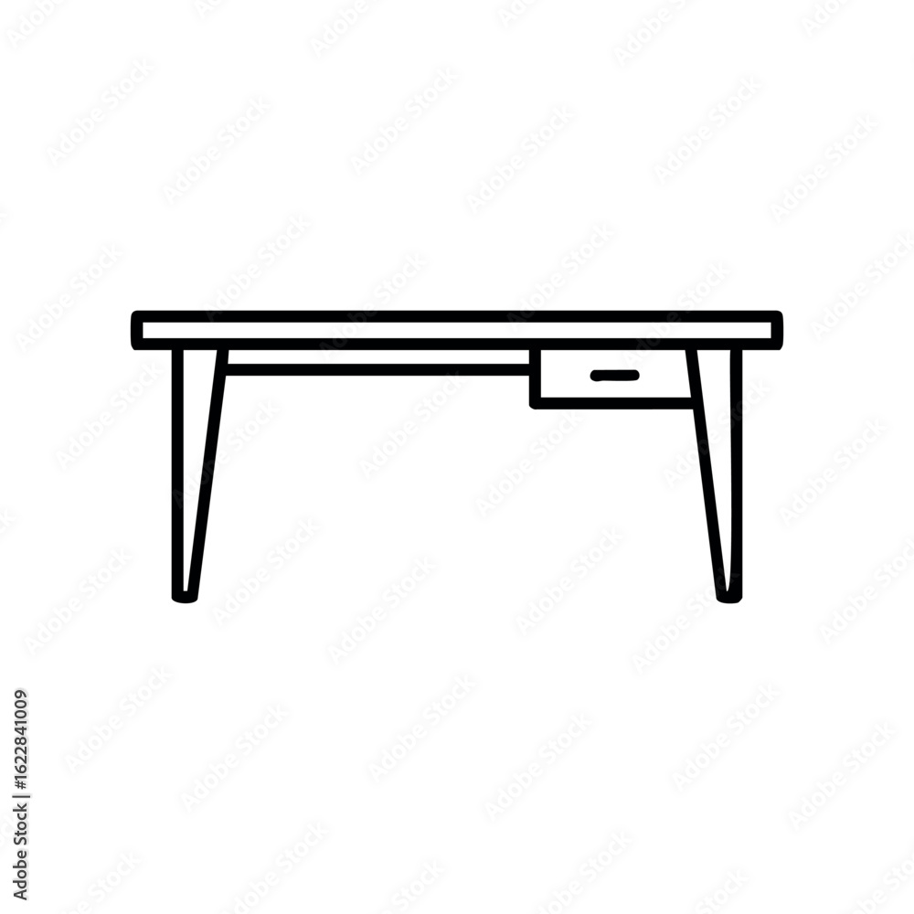 Poster modern minimalist office desk with single drawer and metal frame – stock vector icon in line style