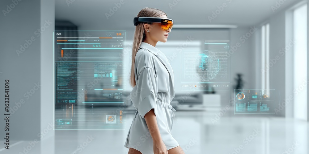 Poster woman wearing augmented reality headset displaying futuristic holographic interface for data analysi