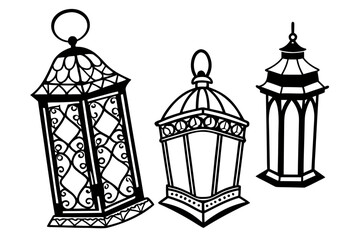 A collection of traditional Arabic lanterns, a vintage silhouette illustration set. Ideal for Ramadan Kareem or Eid festival decorations.