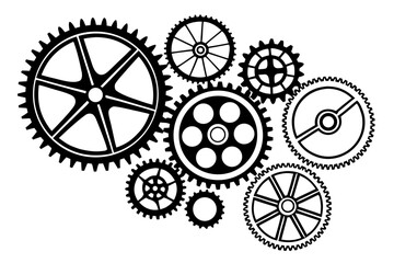 A black and white vector illustration of interconnected gears and cogs, symbolizing teamwork, industrial processes, and complex engineering systems.