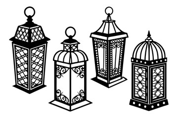 Set of four ornate traditional lanterns with intricate arabesque patterns. Black and white vector illustrations for festive decoration and cultural celebration concepts.