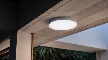 Modern Outdoor Ceiling Light Fixture Illuminating a Concrete Patio, Enhancing Exterior Design with a Sleek Aesthetic