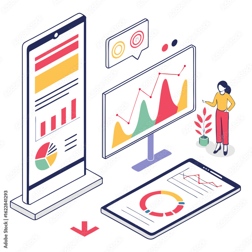 Aufkleber isometric illustration of business analytics and data visualization on devices