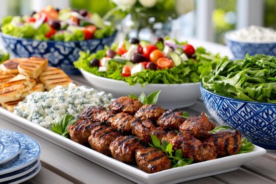 Delicious kofta kebabs with sides at a greek feast celebrating mediterranean cuisine