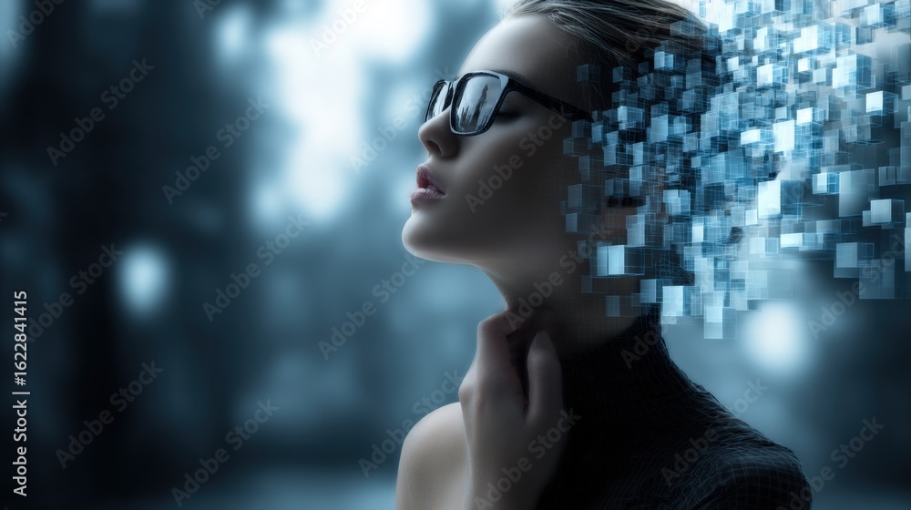 Poster digital transformation portrait: woman with data stream, modern technology and data visualization in