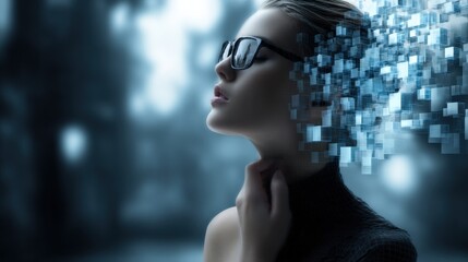 Digital Transformation Portrait: Woman with Data Stream, Modern Technology and Data Visualization in a Futuristic Concept