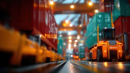 Fototapeta premium Port Logistics: Straddle Carrier Lifting Shipping Container for Transportation in a Modern Container Terminal