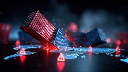 Global Supply Chain Disruption: Shipping Containers Falling on World Map with Alert Symbols Showing Risks