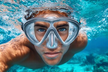 Fototapeta premium Underwater adventure with snorkeling enthusiast