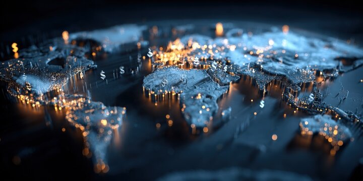 Global Business Network: A Digital World Map Highlighting Economic Hubs and International Finance