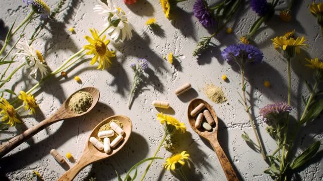 A calming video featuring herbal supplements and wildflowers promoting holistic wellness and natural remedies.