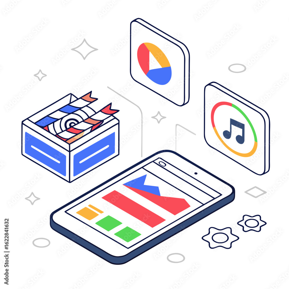 Poster isometric illustration of a smartphone displaying charts and graphs with app icons