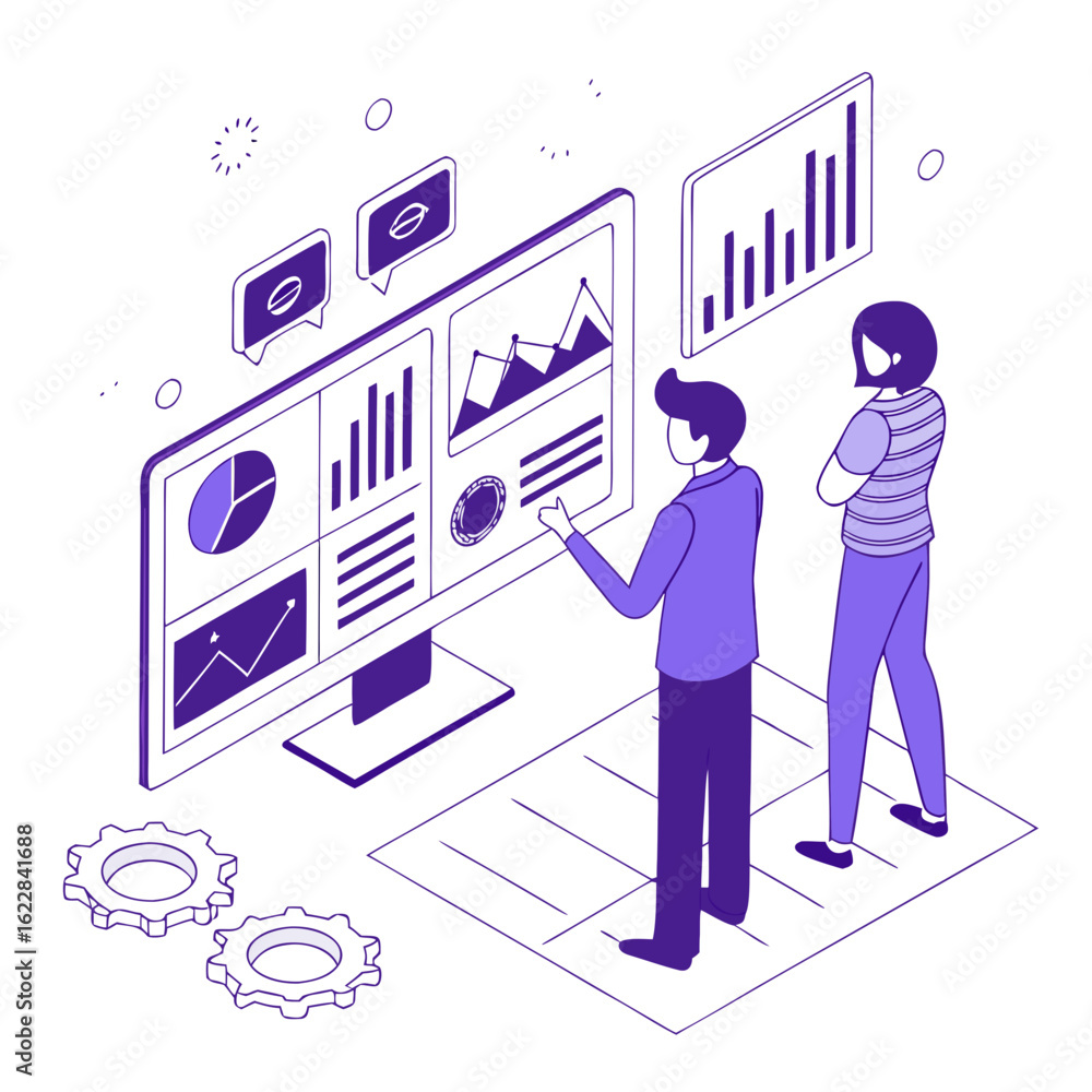 Aufkleber two people analyzing data on a computer screen with charts and graphs