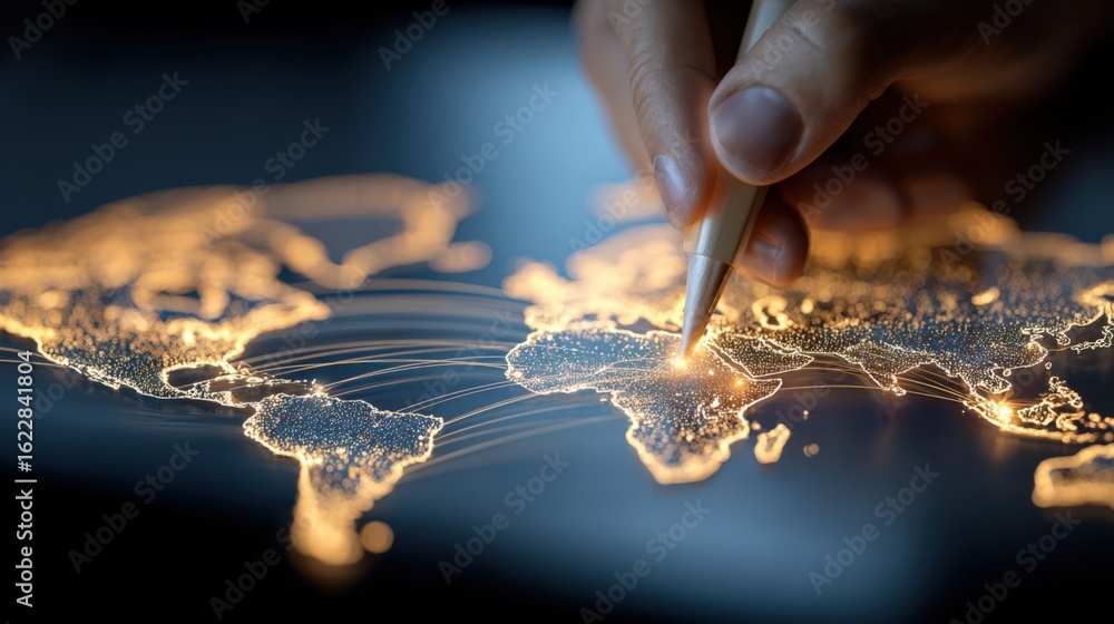 Poster global business expansion: hand pointing to world map with connectivity lines, representing internat