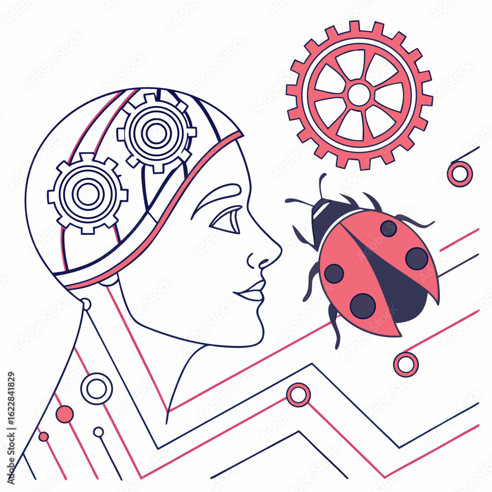 Poster artificial intelligence concept with gears and a ladybug
