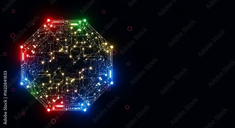Poster abstract octagonal circuit board; futuristic technology; neon rgb glow; dark background; digital net