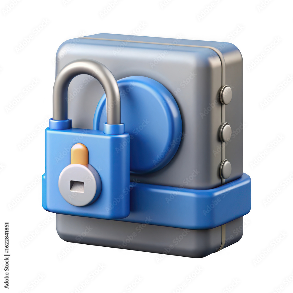 Fototapete 3d rendering of a blue padlock securing a gray electronic device with a circular port isolated on tr