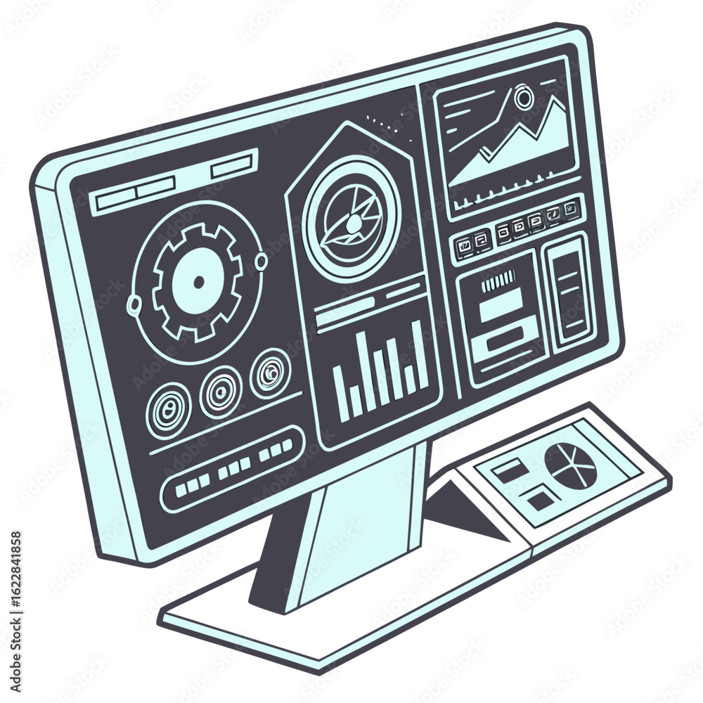 Poster futuristic computer monitor displaying data analytics and charts