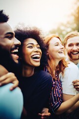 Obraz premium Diverse Group of Friends Laughing and Embracing Outdoors, Showcasing Happiness, Friendship, and Togetherness in a Casual Setting