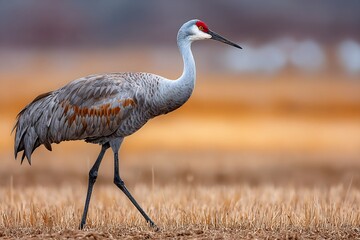 A sandhill crane walking in a field with a blurred background during the daytime in nature outdoors