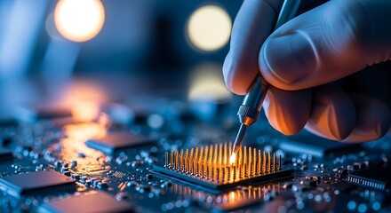 Close up of a technician repairing a computer chip on a circuit board with specialized equipment in a laboratory