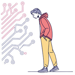 Young man in hoodie and pants looking at a digital circuit board