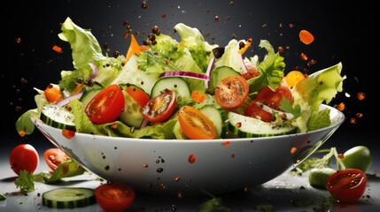 Vegetable salad in a bowl with flying ingredients and drops of olive oil