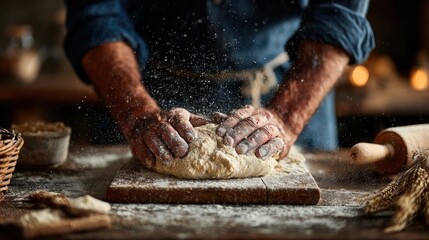 Baker skillfully kneading dough on wooden board, flour dusting the air