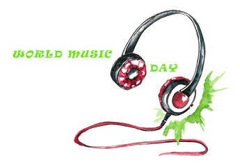 World Music Day. Watercolor image of over-ear headphones in black and hot pink with a long cord, green splash and acid lettering. Hand drawn on white background