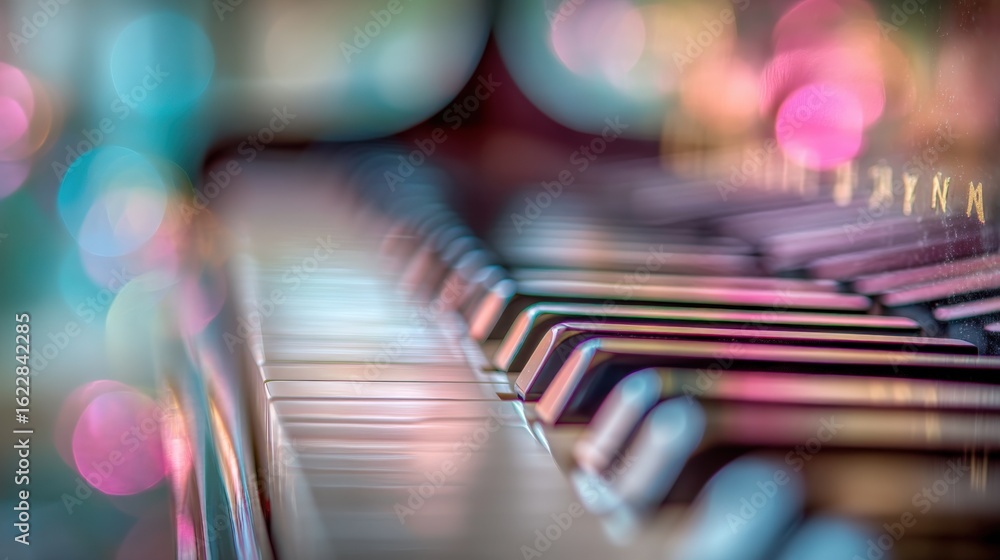 Poster piano keys in soft focus with bokeh lights creating a dreamy musical atmosphere
