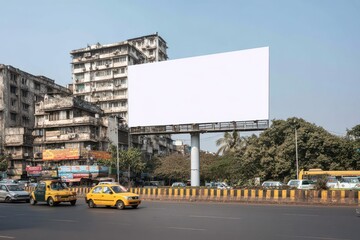 Outdoor advertising mockup featuring large white blank billboard above busy Mumbai street shops in urban commercial area