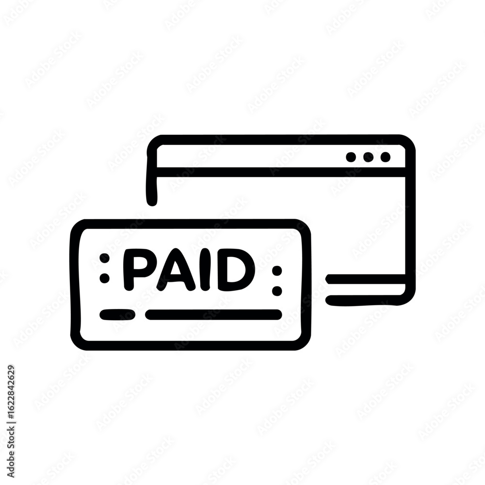 Poster paid icon with receipt and browser window symbolizing online payment – stock vector icon in line sty