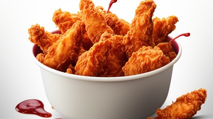 Fried Chicken hot crispy strips crunchy pieces of tenders in a Bucket