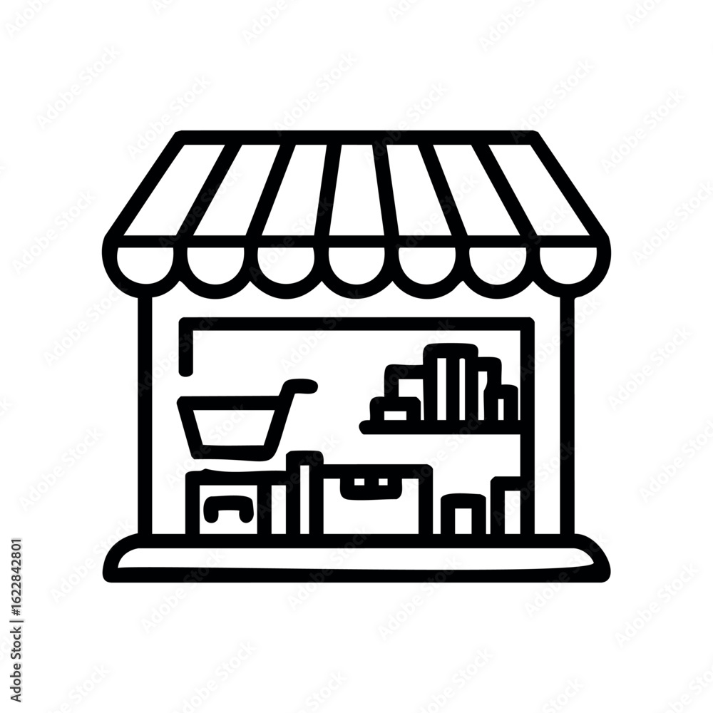 Poster outline icon of a market storefront with various products displayed – stock vector icon in line styl