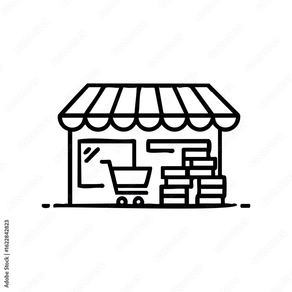 Aufkleber minimalist line art of market building with shopping cart and boxes – stock vector icon in line styl
