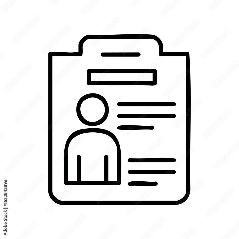 Poster line art of document with person silhouette and text details – stock vector icon in line style