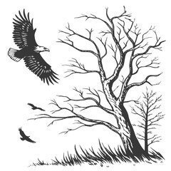Bald eagle flying near bare trees and grass in sketch style