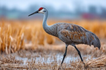 Sandhill crane walking gracefully in a field with dry grass and a blurred background in soft light