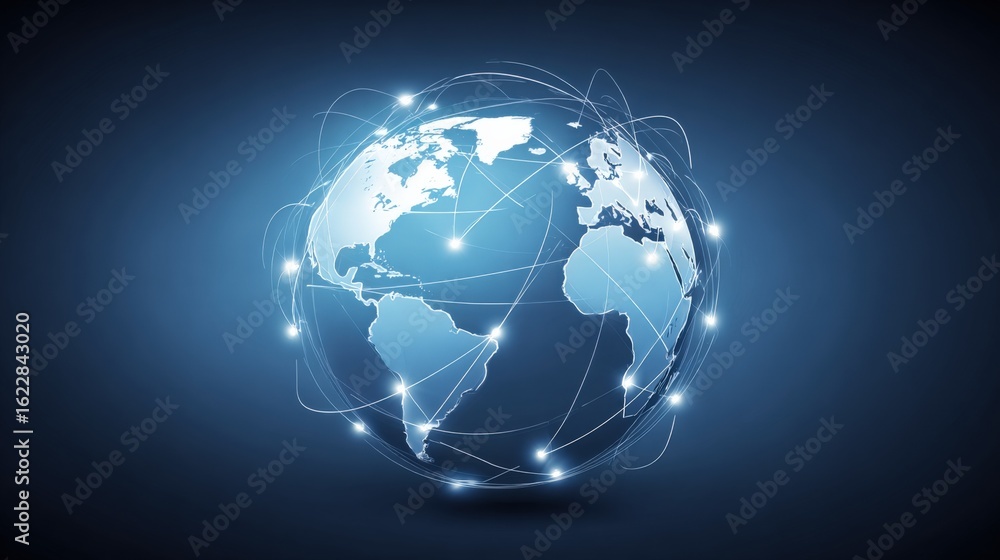 Poster global network connections with light nodes illustrating worldwide communication and interconnectivi