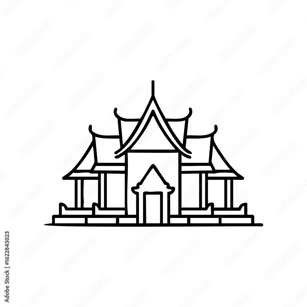 Poster traditional thai temple line drawing with distinctive architecture – stock vector icon in line style