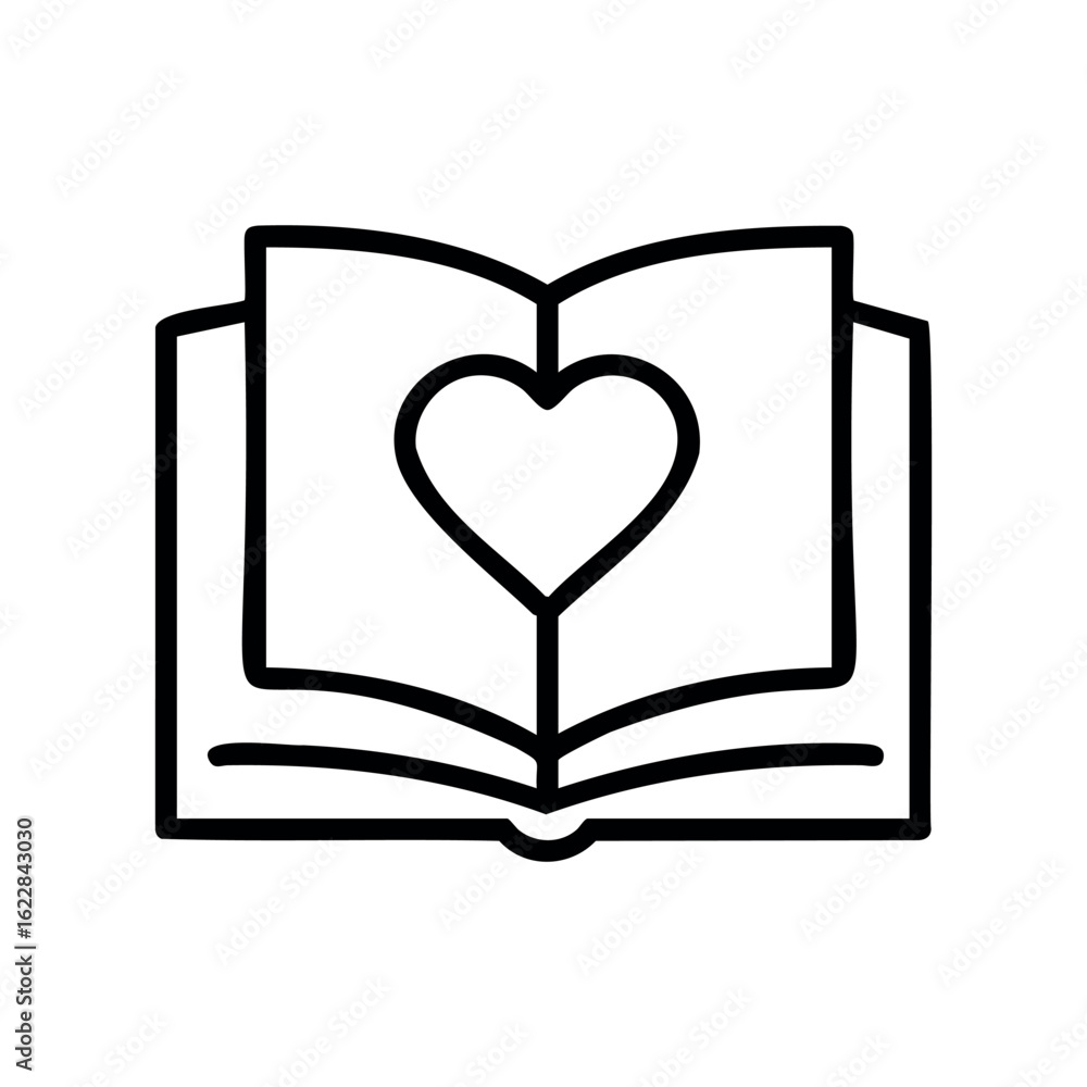 Poster heart icon in open book line art – stock vector icon in line style
