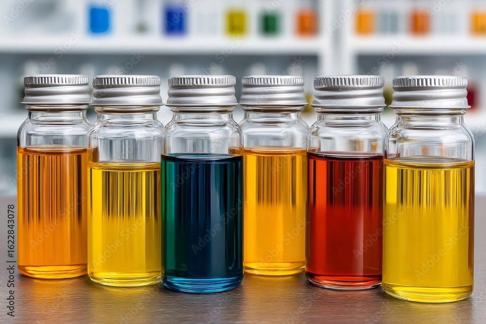 Poster laboratory bottles containing colorful chemical liquid showing an experiment result